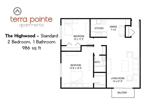 Floor plan for 2 beds, 1 bath, 986 sqft